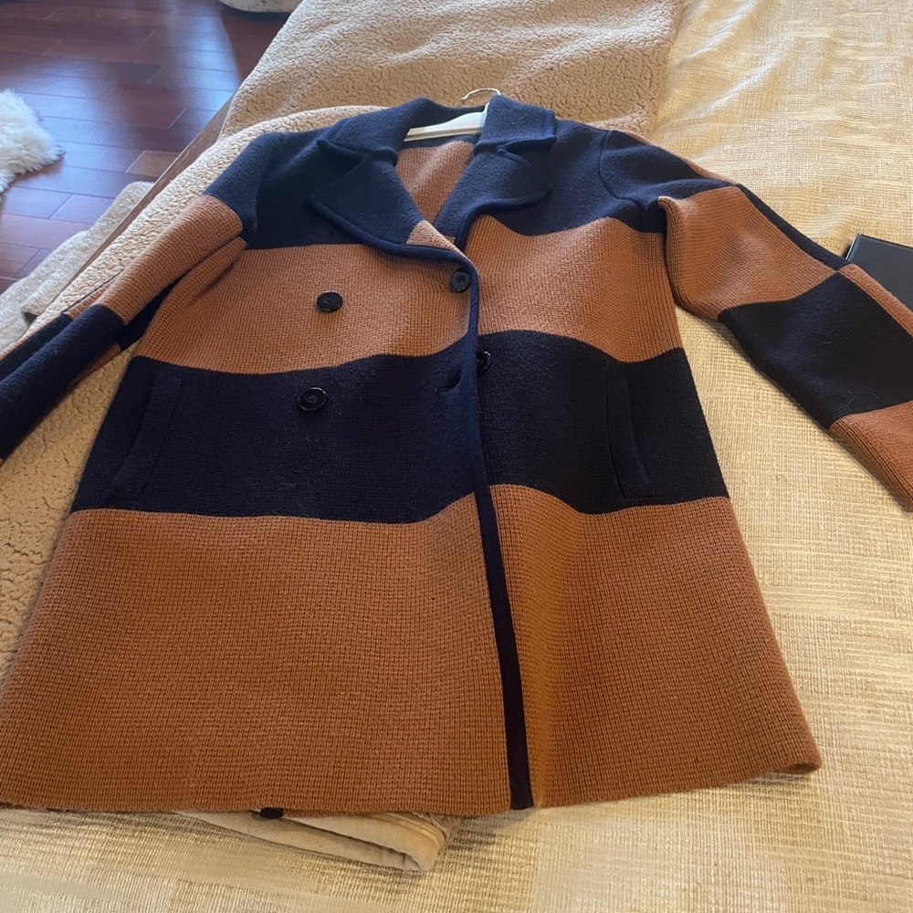 Tory Burch Double-Breasted Wide-Stripe sweater coat in Navy and Brown